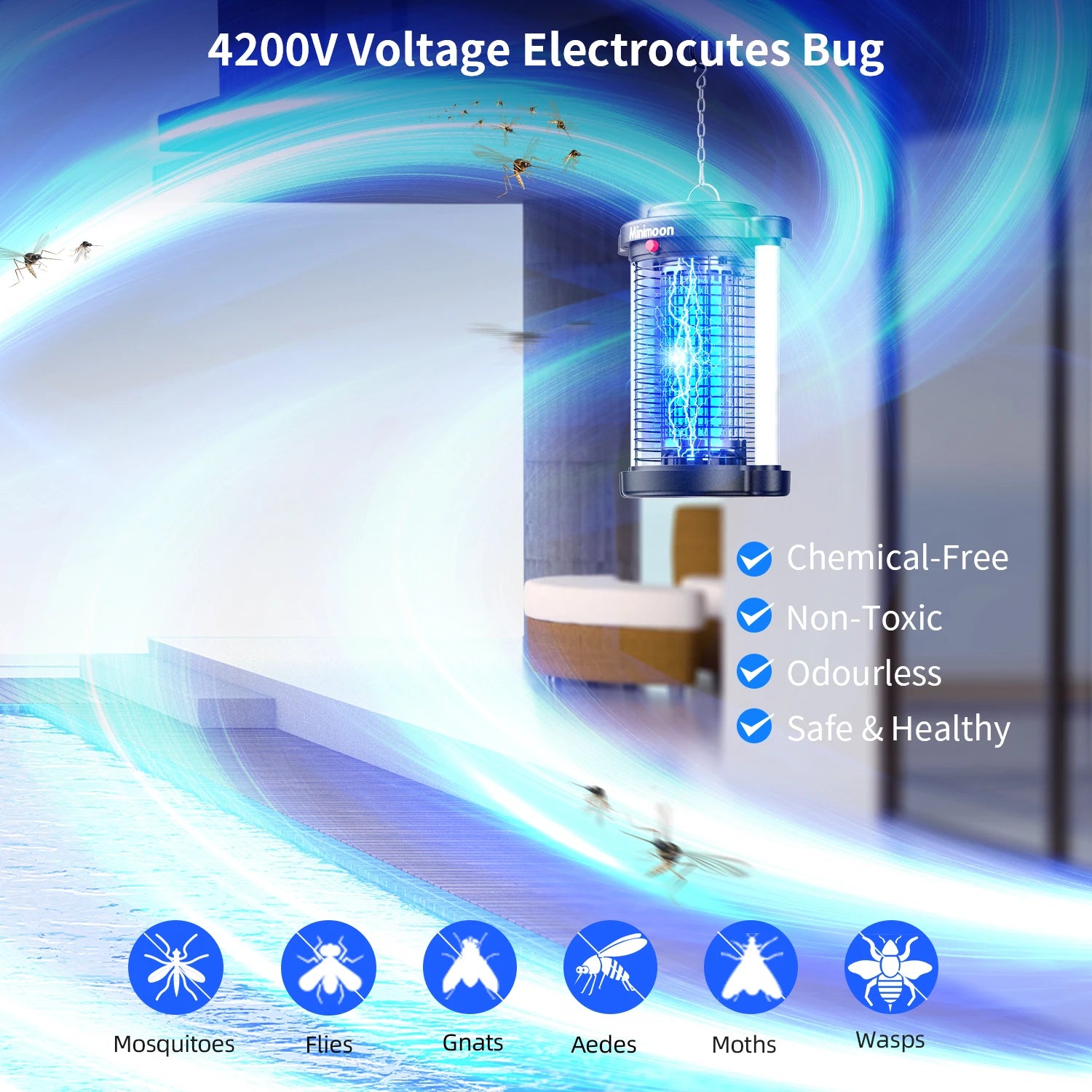 Outdoor Bug Zapper 4200V 15W — LED Mosquito Zapper & Electric Fly Trap for Yard & Backyard
