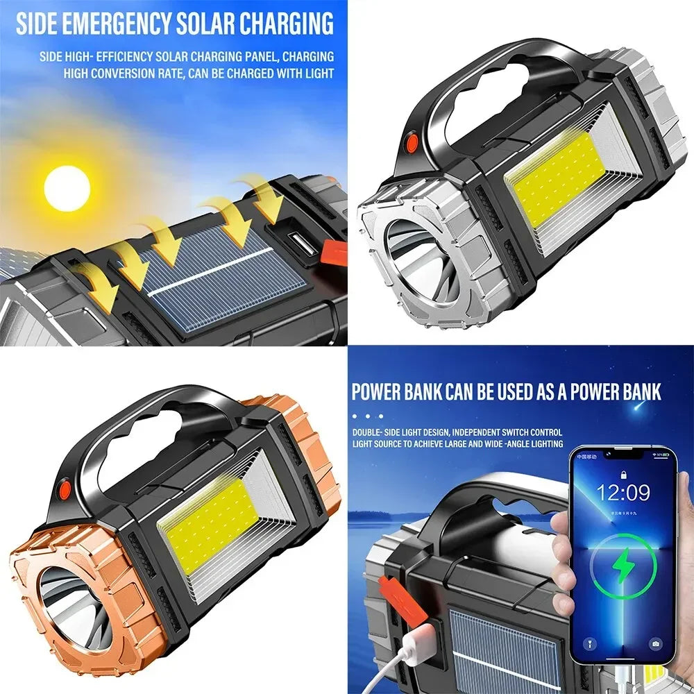 USB + Solar Rechargeable COB LED Flashlight – Powerful Outdoor Camping Torch & Portable Power Bank Searchlight