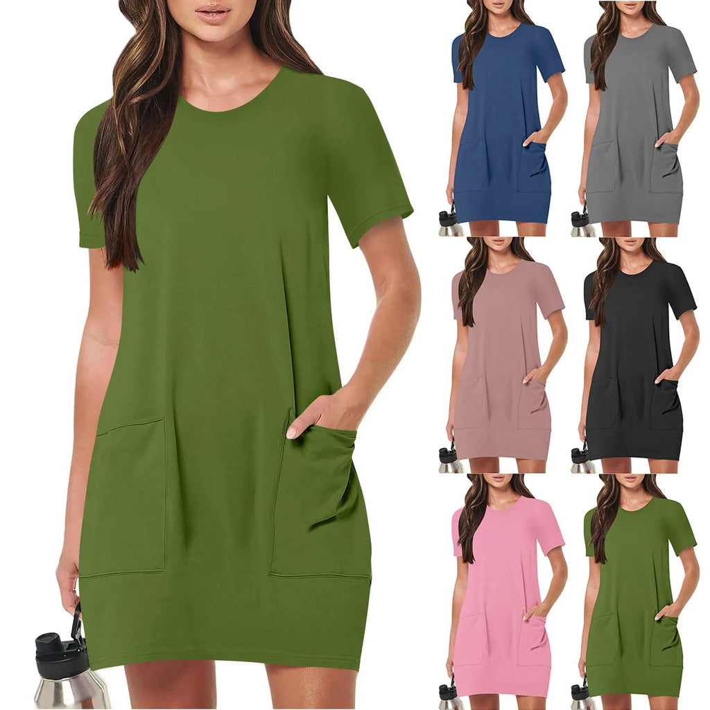 Solid Color Pocket Casual Sports Dress — Short Sleeve O-Neck A-Line Knee-Length Dress