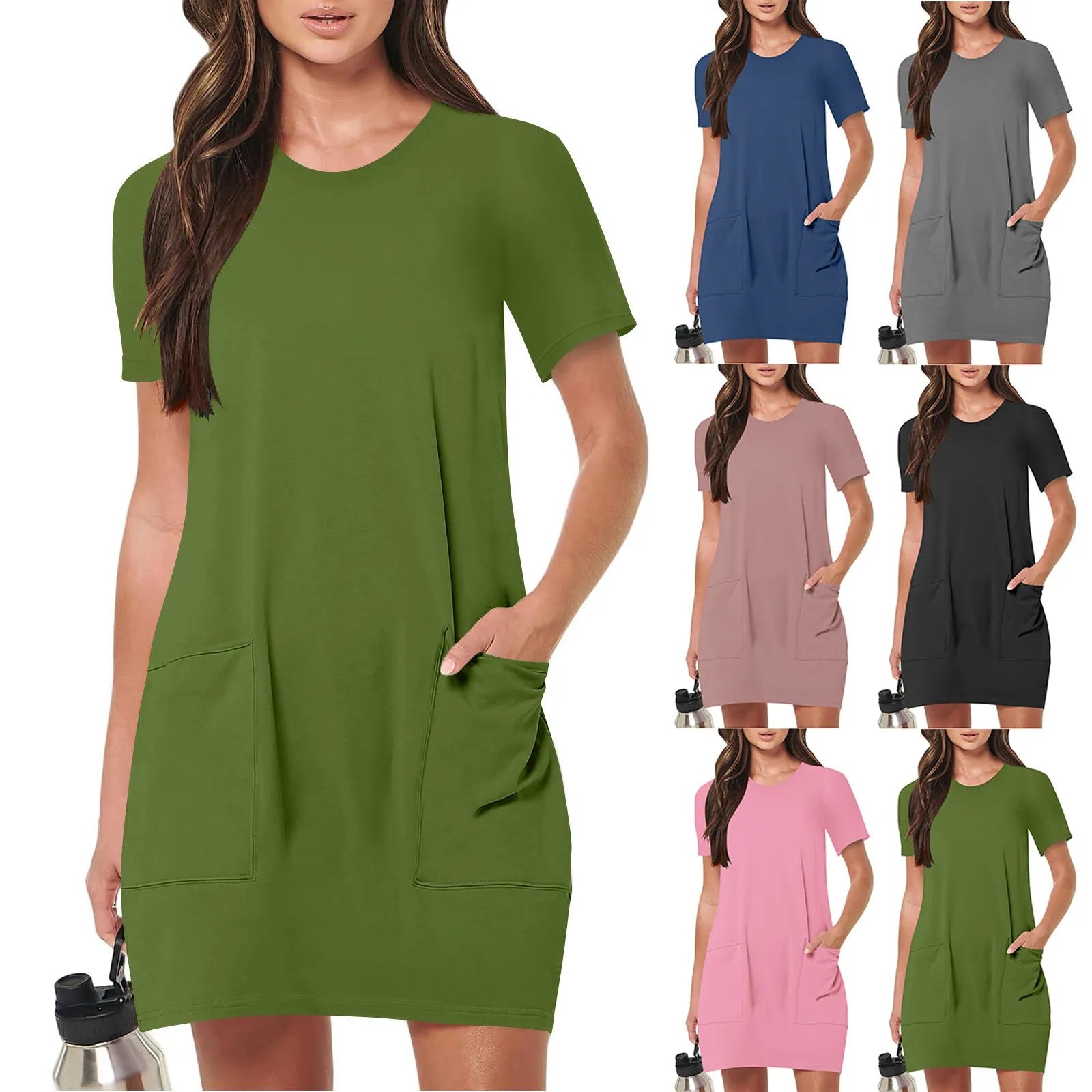 Solid Color Pocket Casual Sports Dress — Short Sleeve O-Neck A-Line Knee-Length Dress
