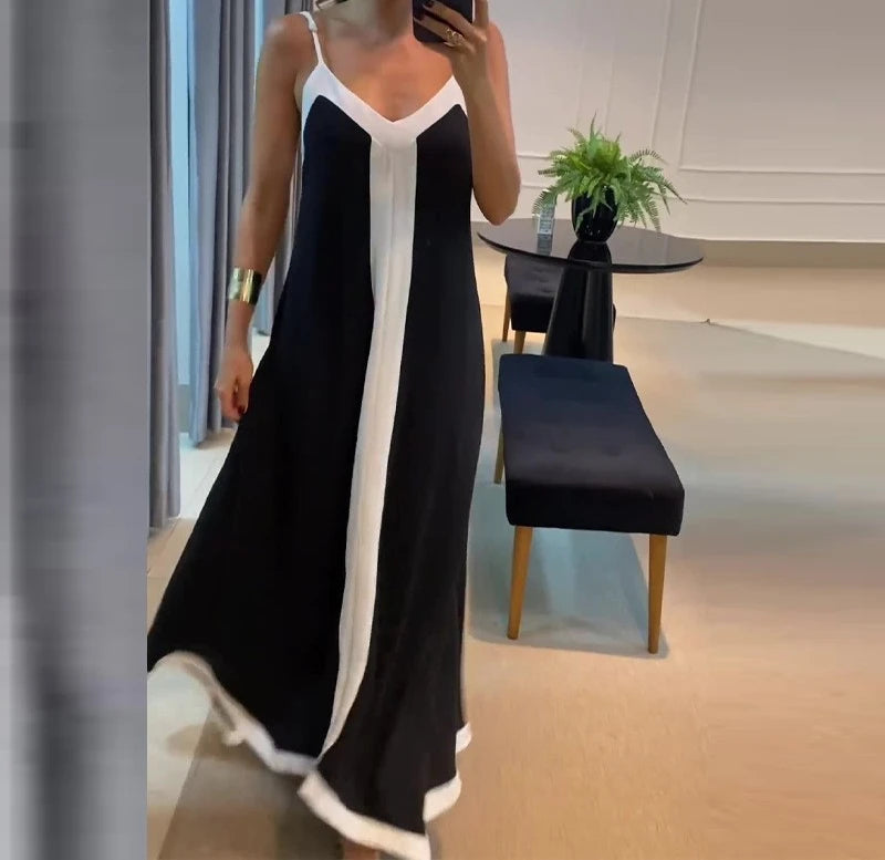 Black & White Contrast V-Neck Sleeveless Loose Long Dress — Elegant Casual Summer Dress