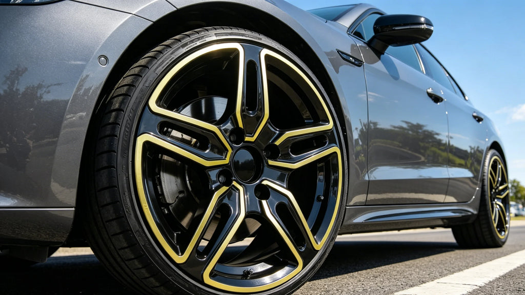 Close-up of a dark gray car wheel featuring a black multi-spoke alloy rim with bright gold accents, photographed outdoors on a paved road under a blue sky.