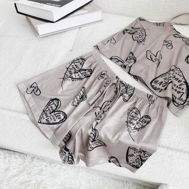Women's Ice Silk Print Pajama Set | Round Neck T-Shirt & Shorts Breathable Homewear