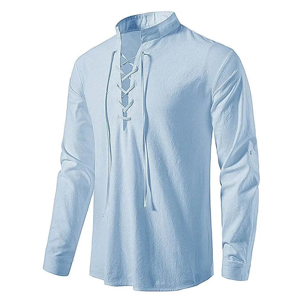 Men's Cotton Linen Drawstring Long Sleeve Shirt — Vintage Casual US Size Top