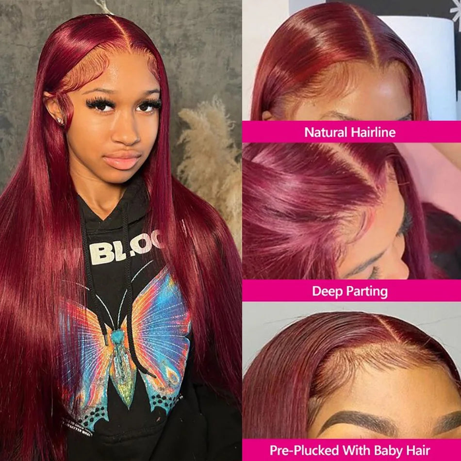 99J Red Burgundy Straight Lace Front Wig | 200% Density 13x4 13x6 HD Transparent Colored Human Hair Pre-Plucked