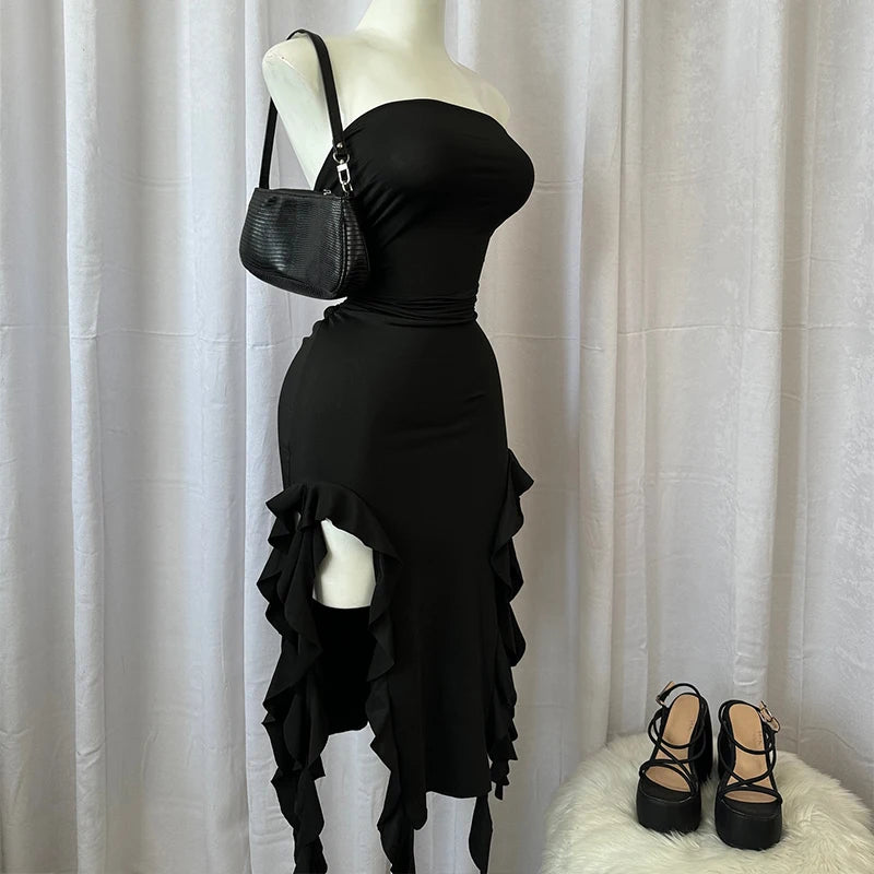 Women's Strapless Floral Fold High Slit Mini Dress – Backless Sleeveless Party Dress in Black & Pink