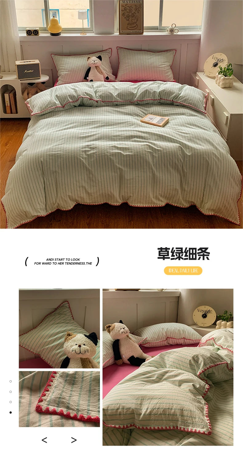 100% Cotton Stripe Duvet Cover Set – Washed 3-Piece Bedding with 2 Pillowcases, 6 Colors & 3 Sizes