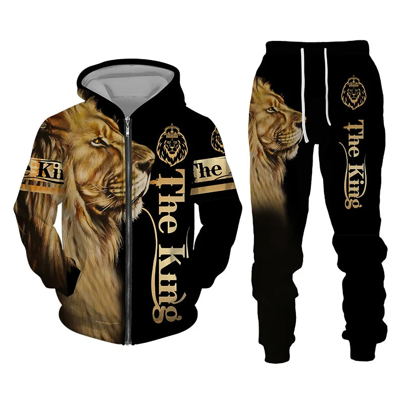 Men's 3D Lion Print Zip-Up Hoodie & Elastic Waist Pants Tracksuit Set