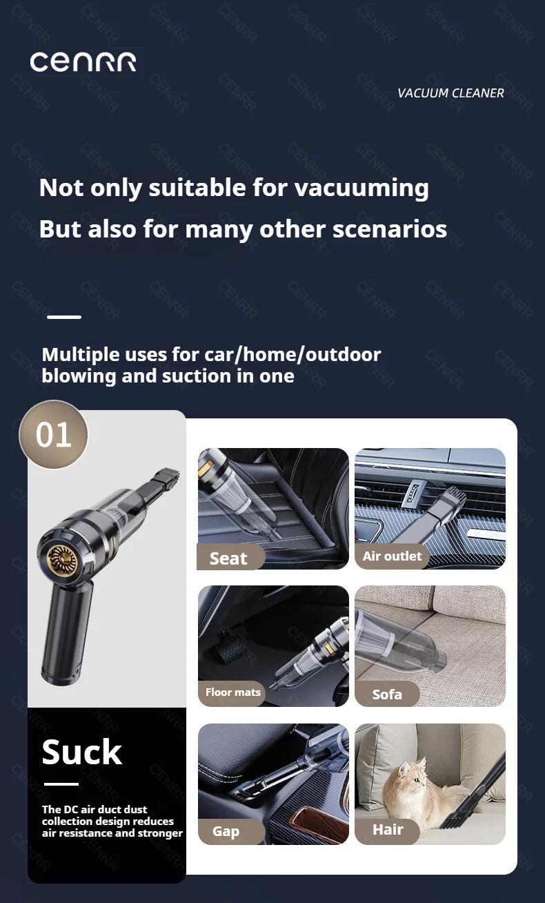 CENRR Wireless Car Vacuum Cleaner — 3-Gear Brushless Motor, 6000mAh, 9 Accessories, USB-C Charging