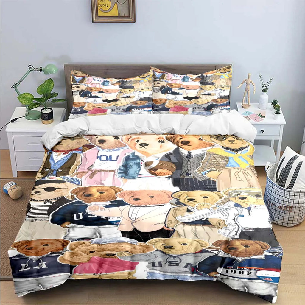 Cute Bear Print Bedding Set – Duvet Cover & Bed Linen, Single to King, Adults & Teens
