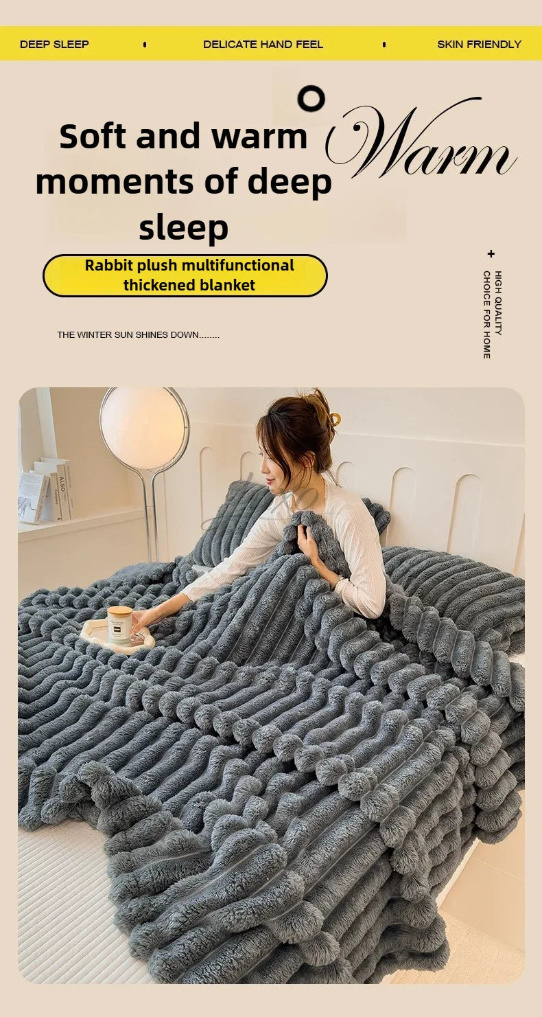 Striped Plush Blanket – Soft Faux Rabbit Fur Throw