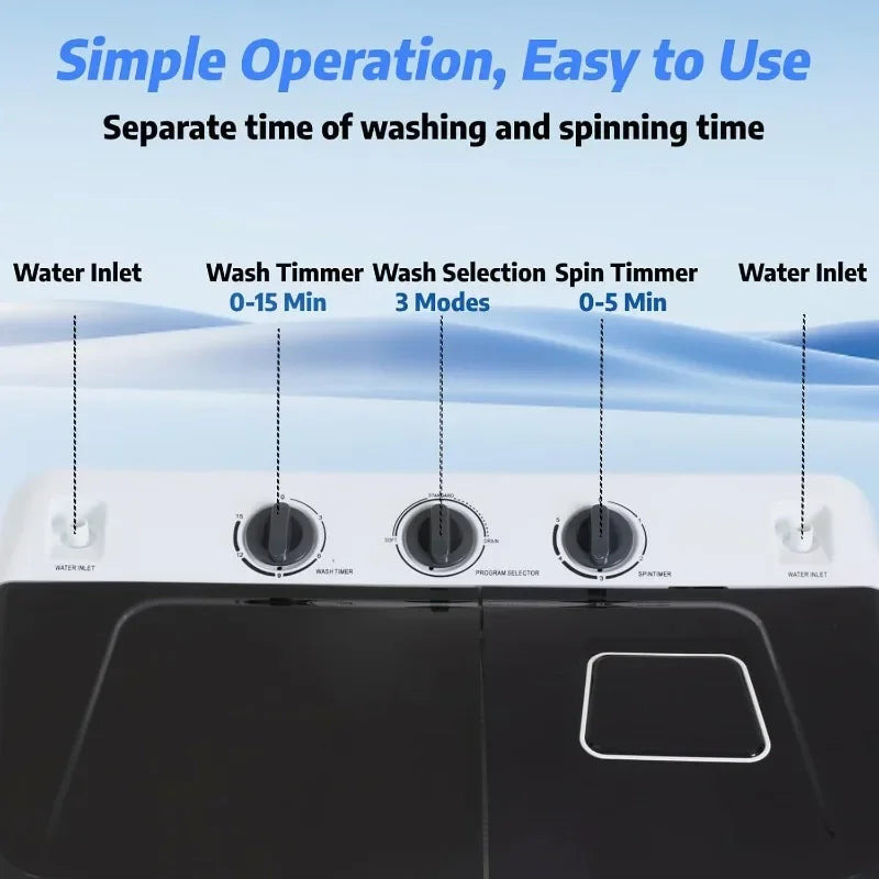 Portable Washing Machine — 2-in-1 Twin Tub Washer & Spinner Combo, 30 lbs Capacity (19 lbs Washer + 11 lbs Spinner), Compact Laundry