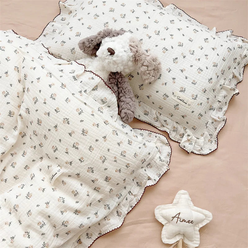 Princess Ruffle Bedding Set – 100% Cotton Gauze Duvet Cover with Pillowcases, Floral, 3-Piece