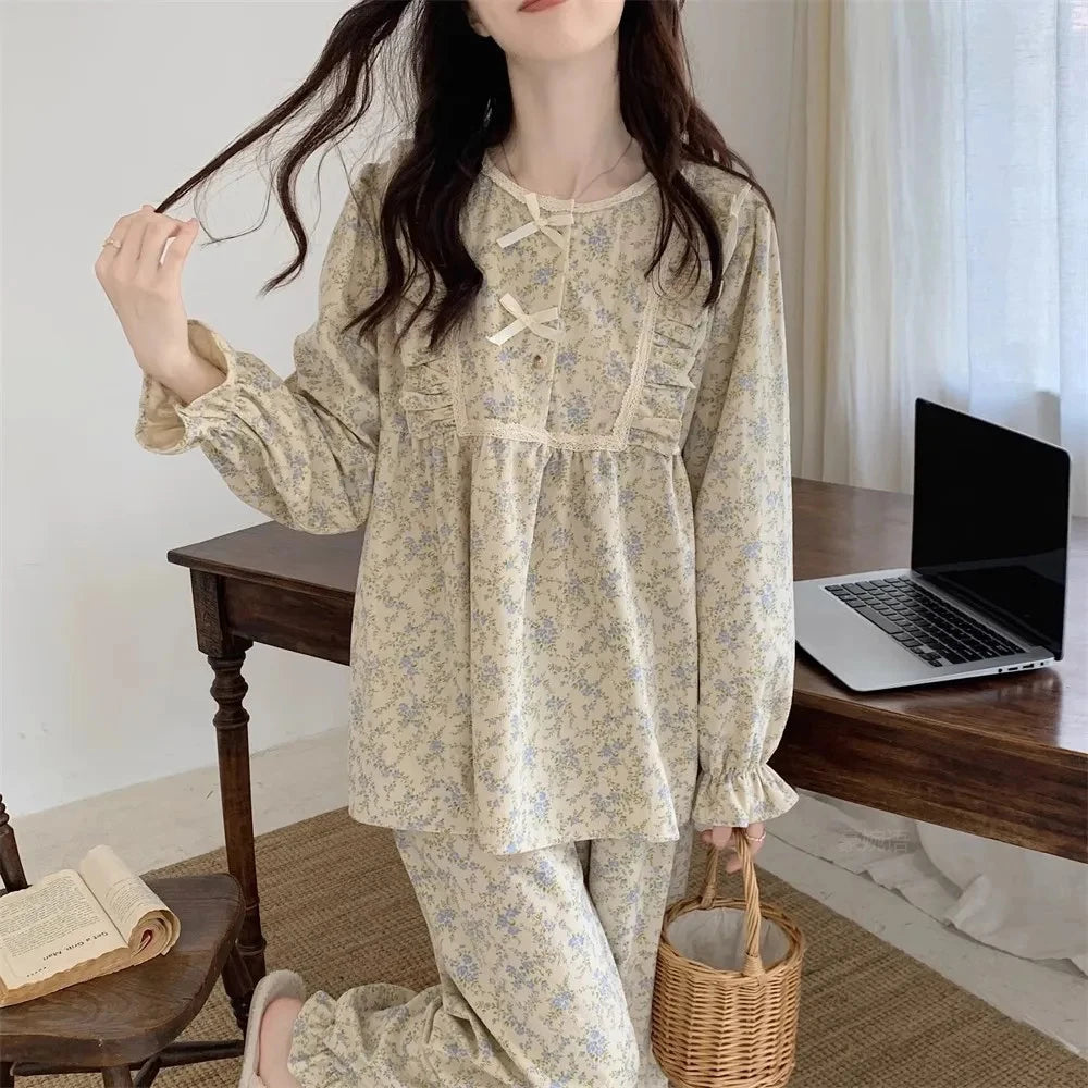 Women's Plus Size Garden Style Pajama Set | Korean Bow Homewear Long Sleeve