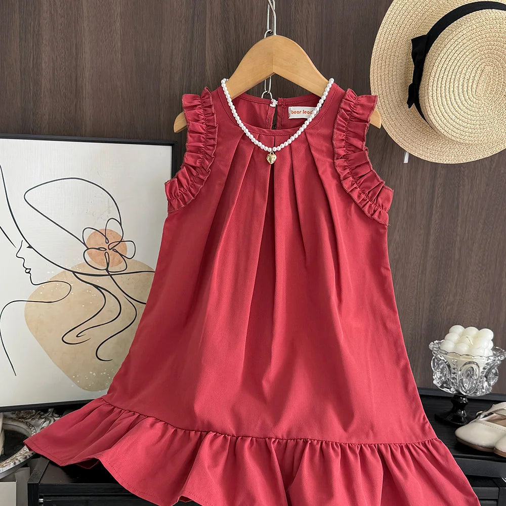 Korean Sleeveless Pleated Girls Dress — Solid Color Round Neck Summer Kids Dress