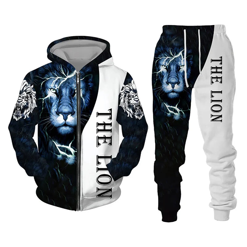 Men's 3D Lion Print Zip-Up Hoodie & Elastic Waist Pants Tracksuit Set