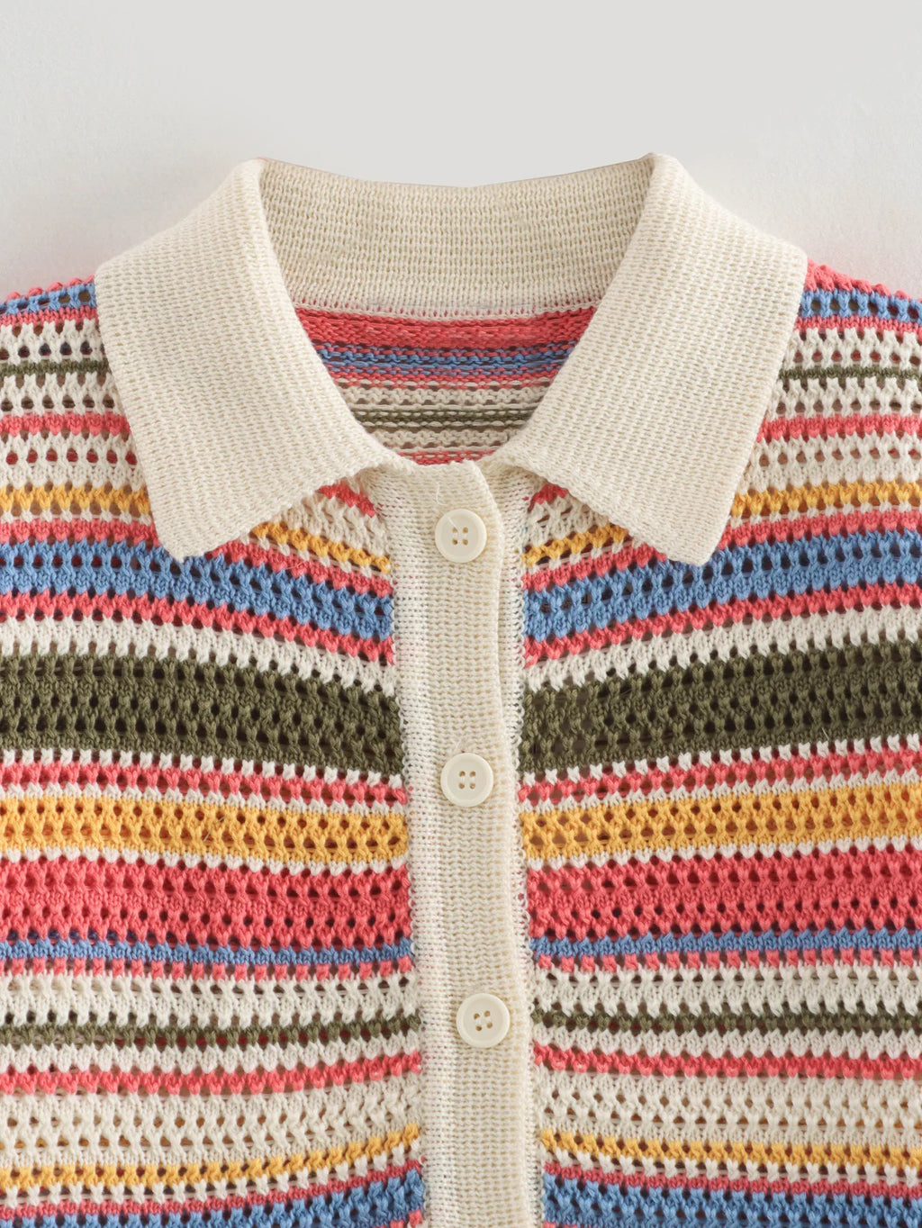 Women's Y2K Crochet Knit Crop Sweater & Shorts Set – Polo Collar Striped Patchwork Hollow Out