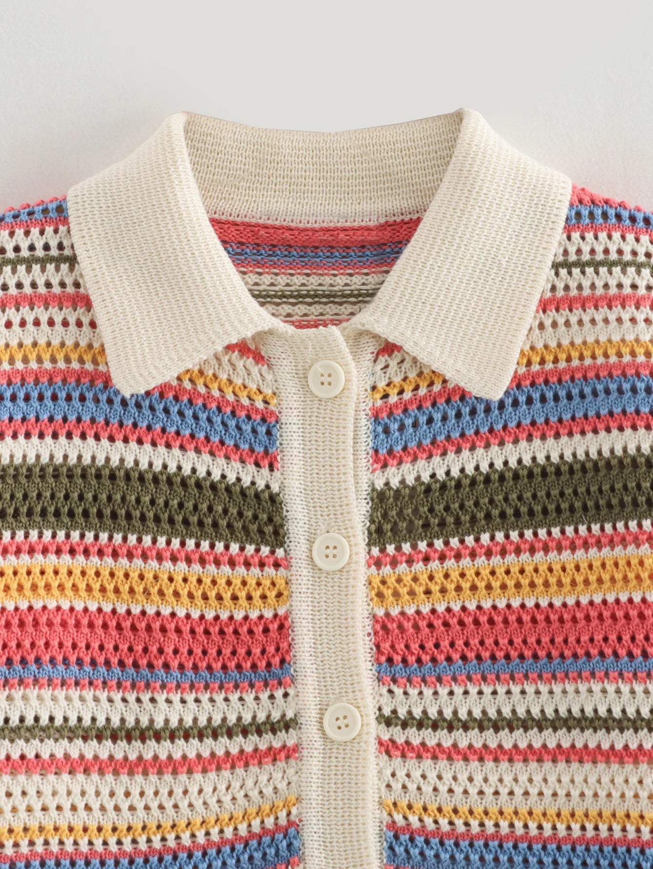 Women's Y2K Crochet Knit Crop Sweater & Shorts Set – Polo Collar Striped Patchwork Hollow Out