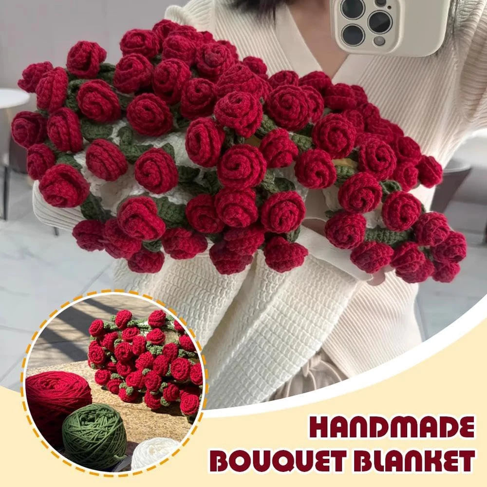 Rose Blanket Bouquet – Handmade Crochet Roses with Gift Bag, Valentine's Day & Birthday Gift for Girlfriend