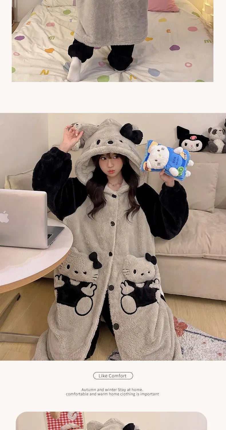Women's Kawaii Coral Velvet Hooded Pajamas | Thickened Flannel Casual Homewear Suit