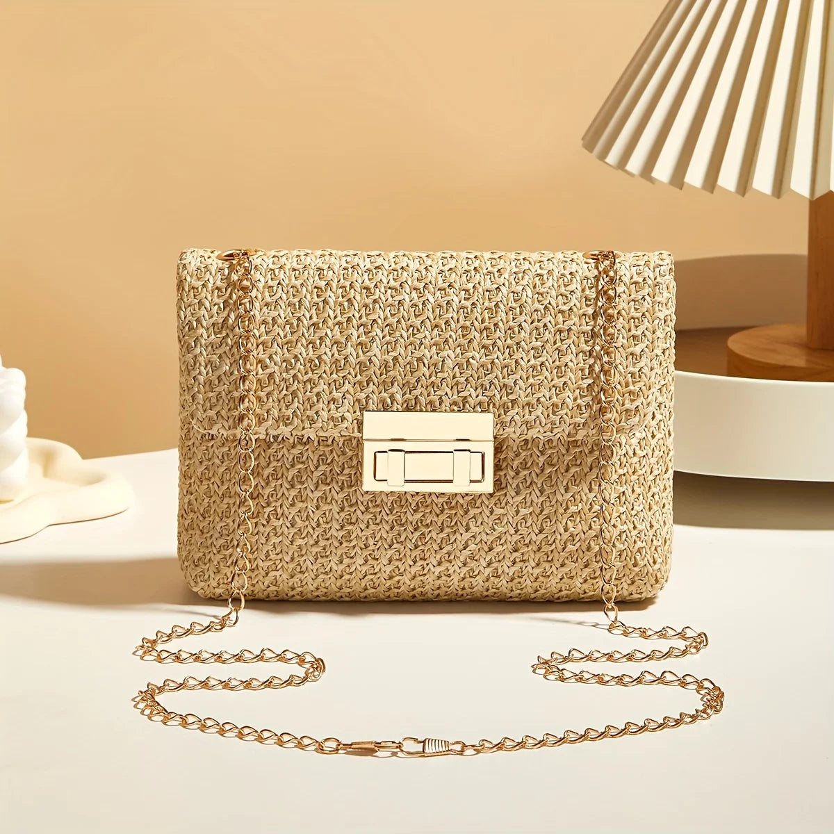 Woven Straw Shoulder Bag – Handwoven Crossbody Purse with Lock Closure for Women