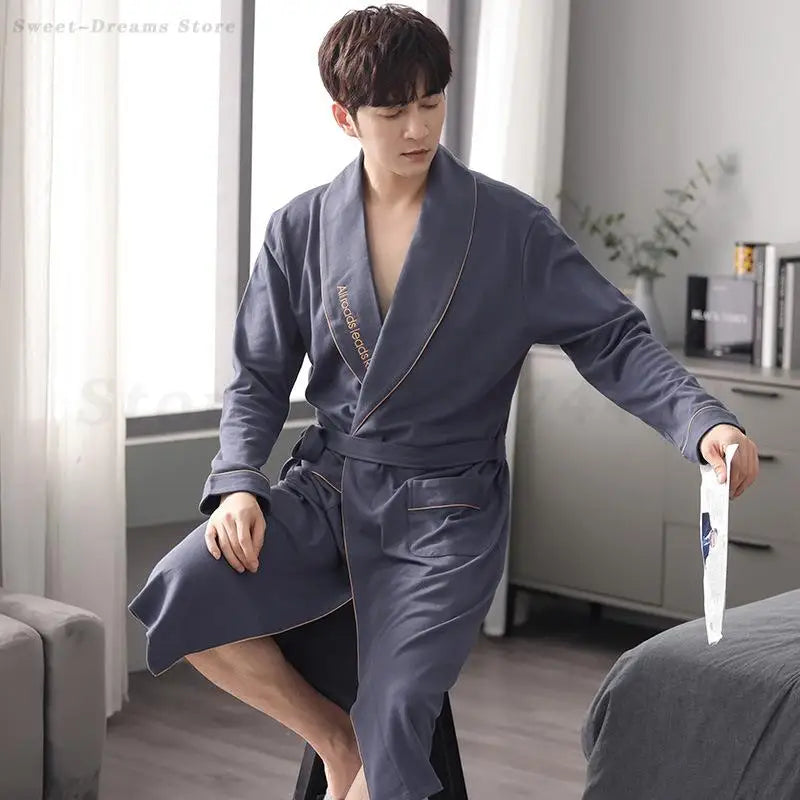 Men's Pure Cotton Plaid Kimono Robe | Long Bathrobe Dressing Gown M-4XL