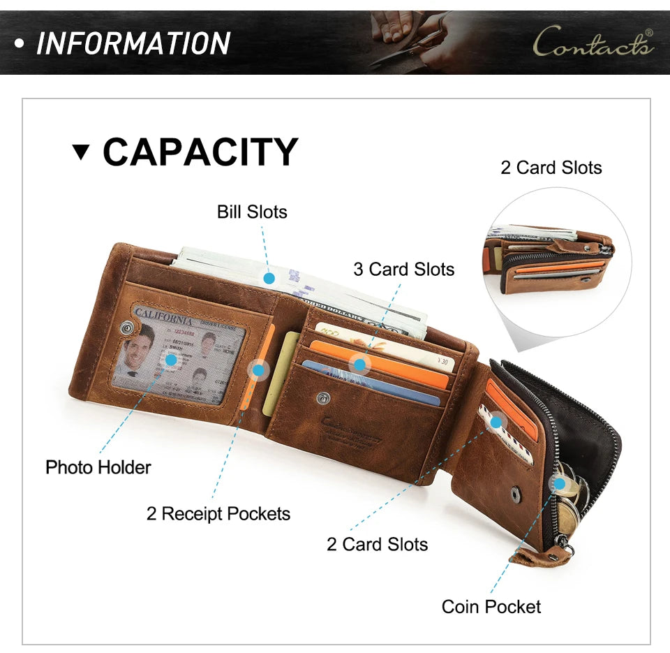 Genuine Cowhide Leather Men's Trifold Wallet – Vintage Crazy Horse Leather Zip Coin Pocket Purse