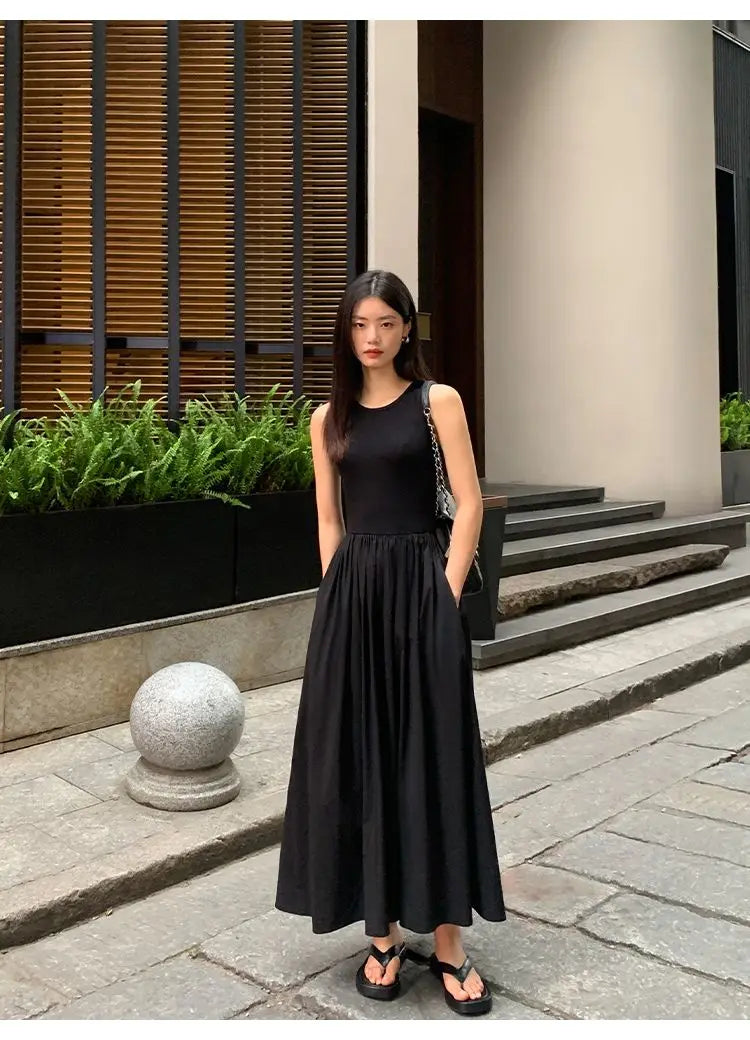 Women's Vintage Black Midi Dress – O-Neck Office Lady Casual Style with Pockets