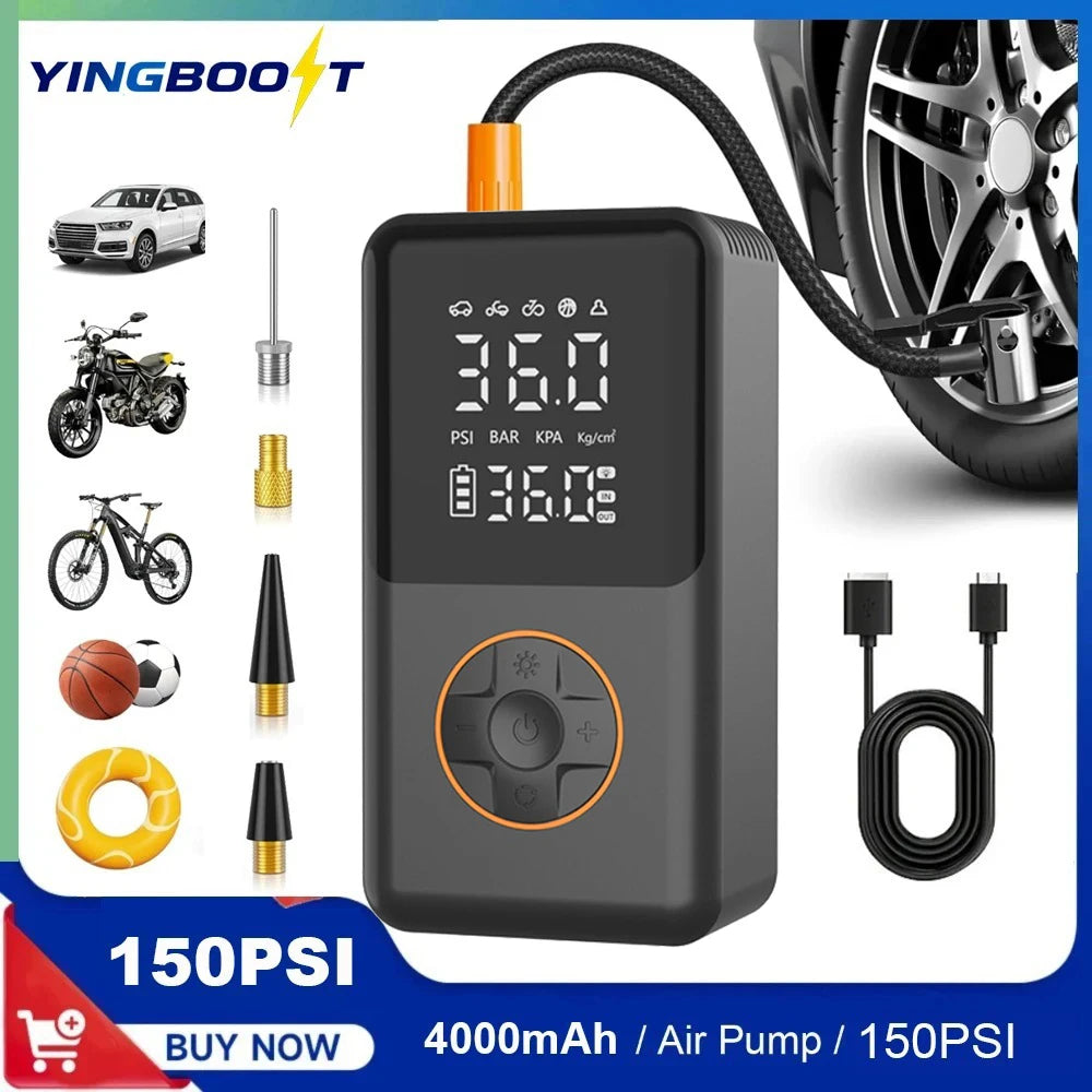 Cordless Tire Inflator with Gauge and LED Light, 150 PSI