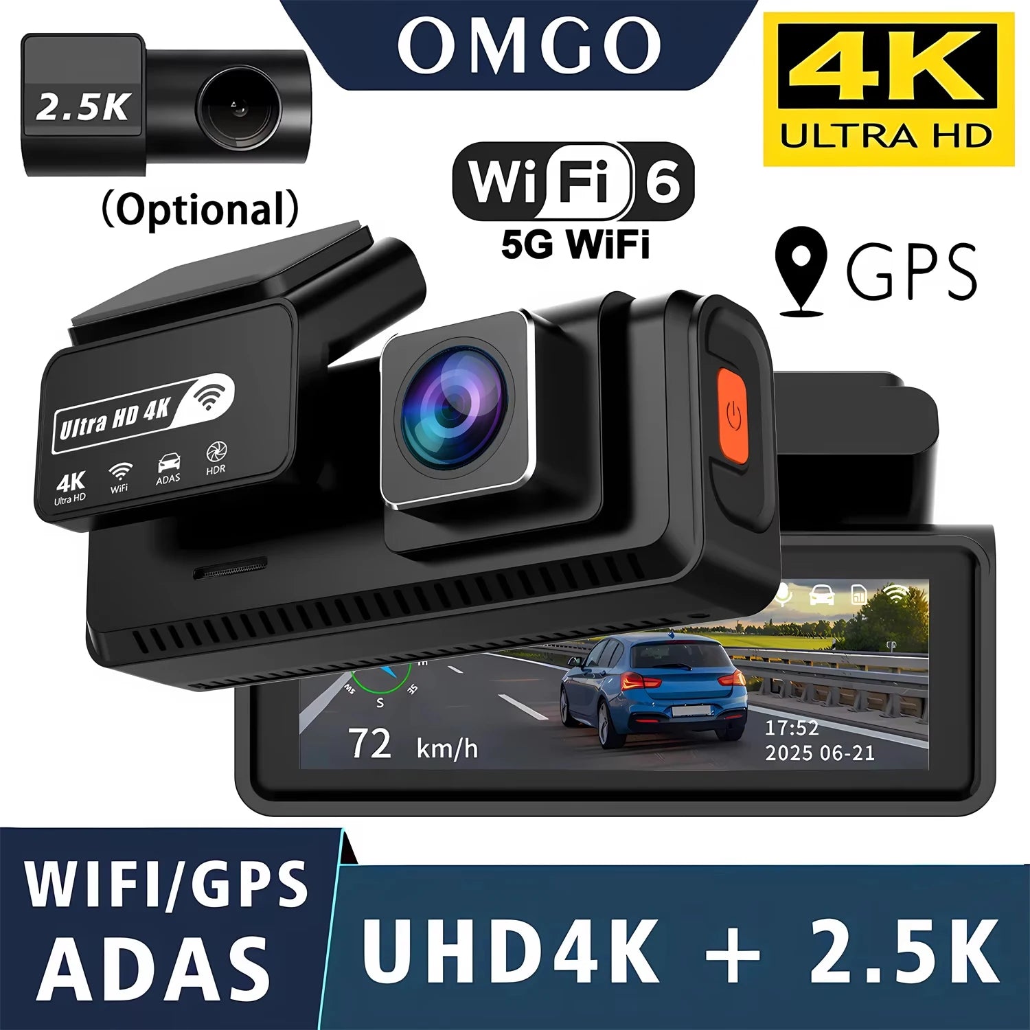 ADAS 4K+2.5K Dash Cam – GPS, WiFi, 24H Night Vision, Optional Rear Lens, Mini Car DVR