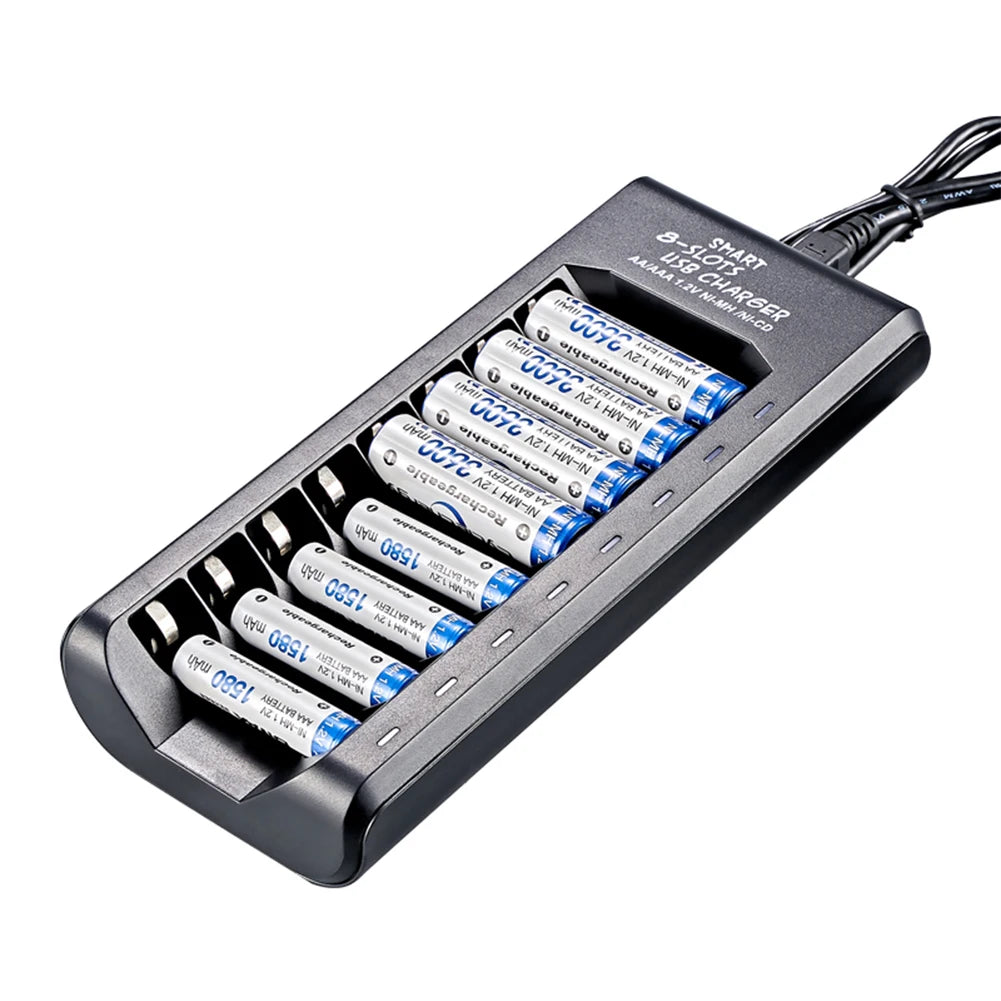 8-Slot USB NiMH AA/AAA Battery Charger – Fast Charging with Short Circuit Protection & USB Output