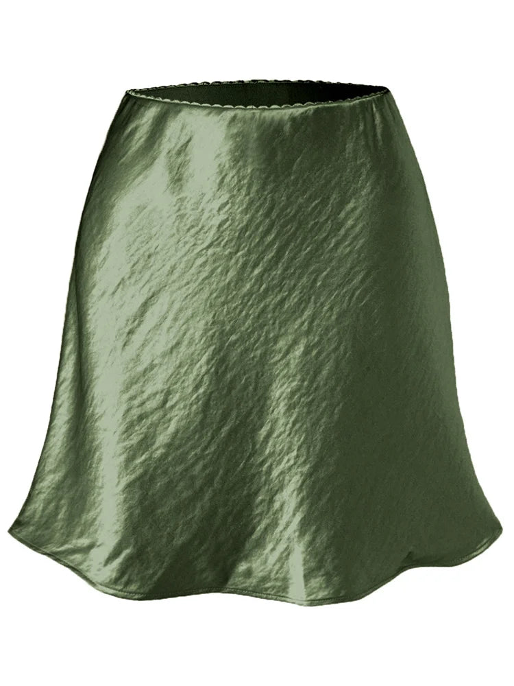Women's Satin Mini Skirt – High Waist A-Line Luxury Office Wear in Black, Brown & Beige