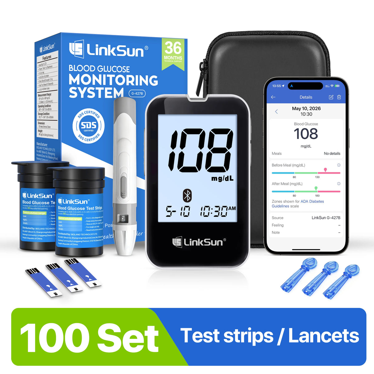 LinkSun G-427B Bluetooth Blood Glucose Meter Kit – Smart App-Connected Glucometer with Large Display & High Accuracy Diabetes Monitoring