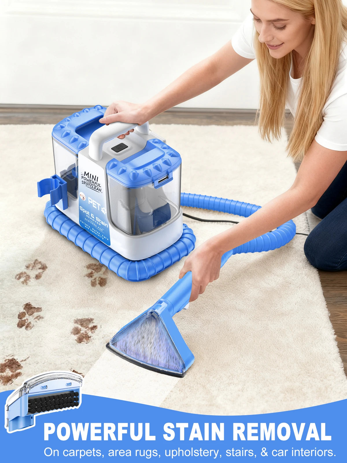 Carpet & Upholstery Cleaner Machine — 32Kpa Powerful Suction, 5 Cleaning Tools, Lightweight for Rug, Car Seats, Pets & Stairs