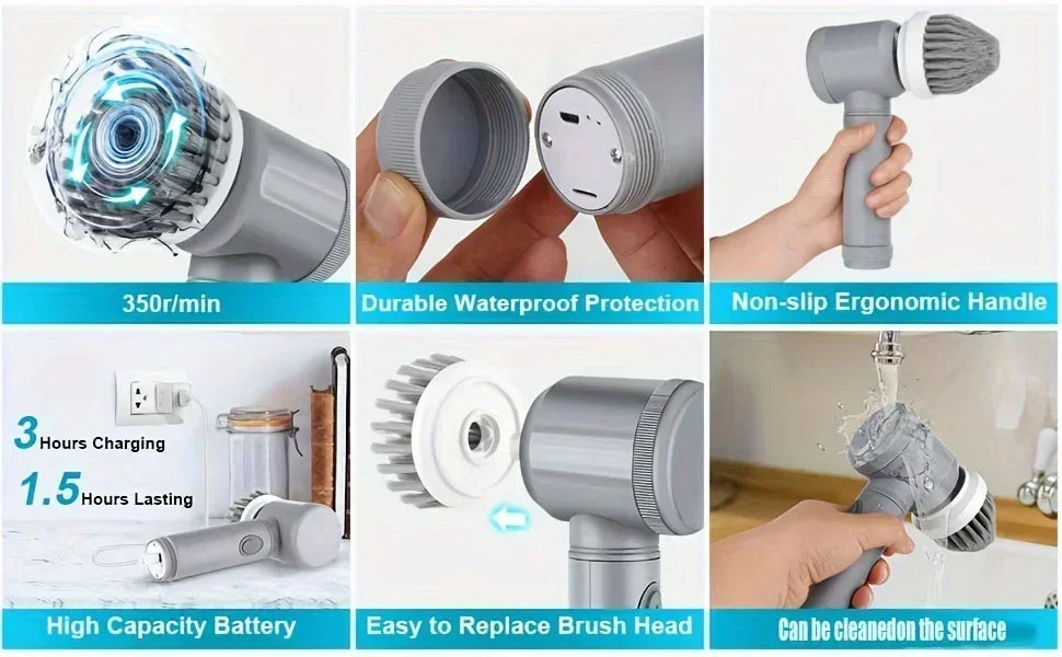 Electric Spin Scrubber – 5 Replaceable Brush Heads, 1500mAh Rechargeable, 450 RPM Cordless Cleaning Brush