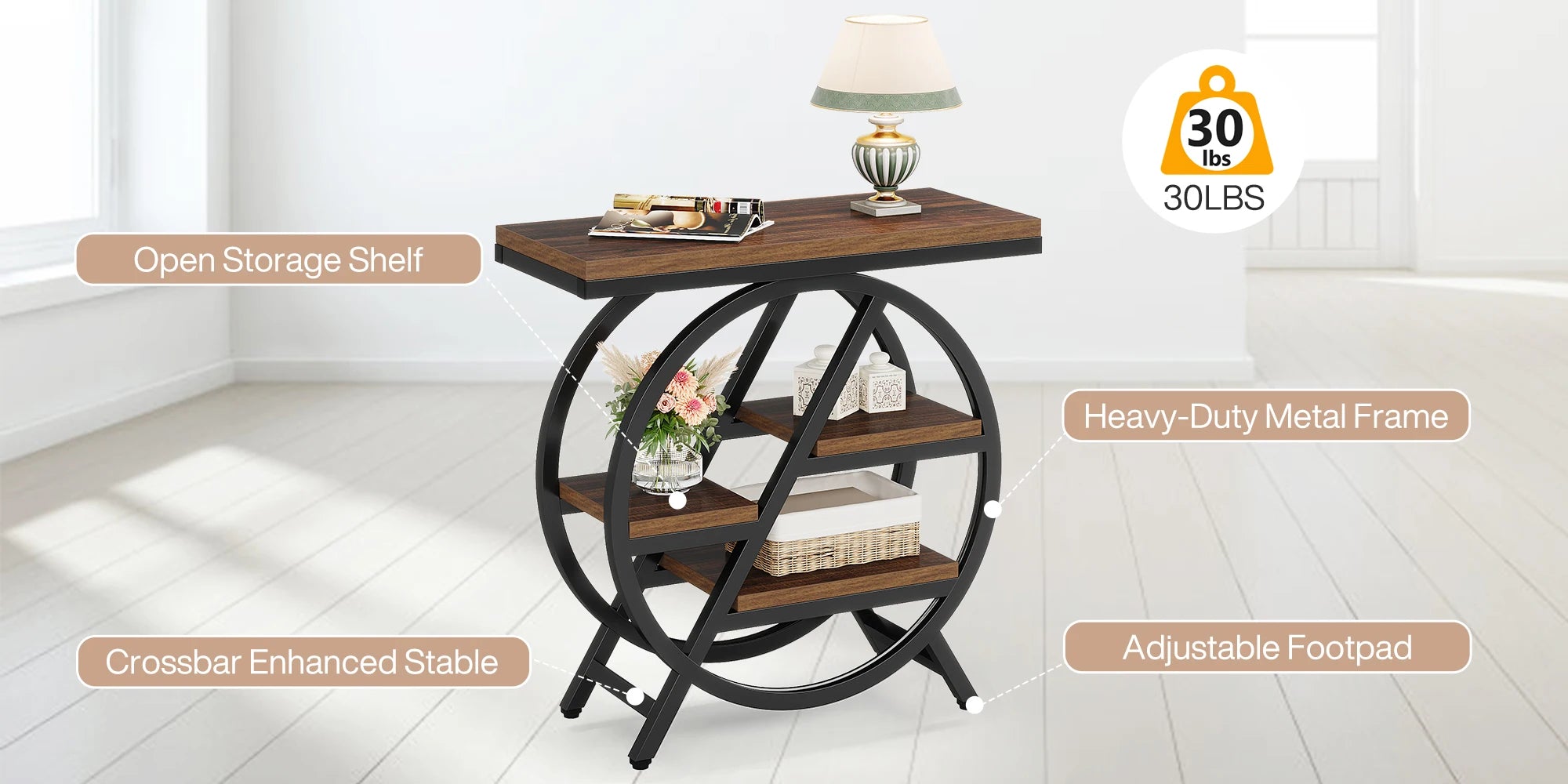 Tribesigns 3-Tier Narrow Side Table — Wood & Geometric Metal Frame