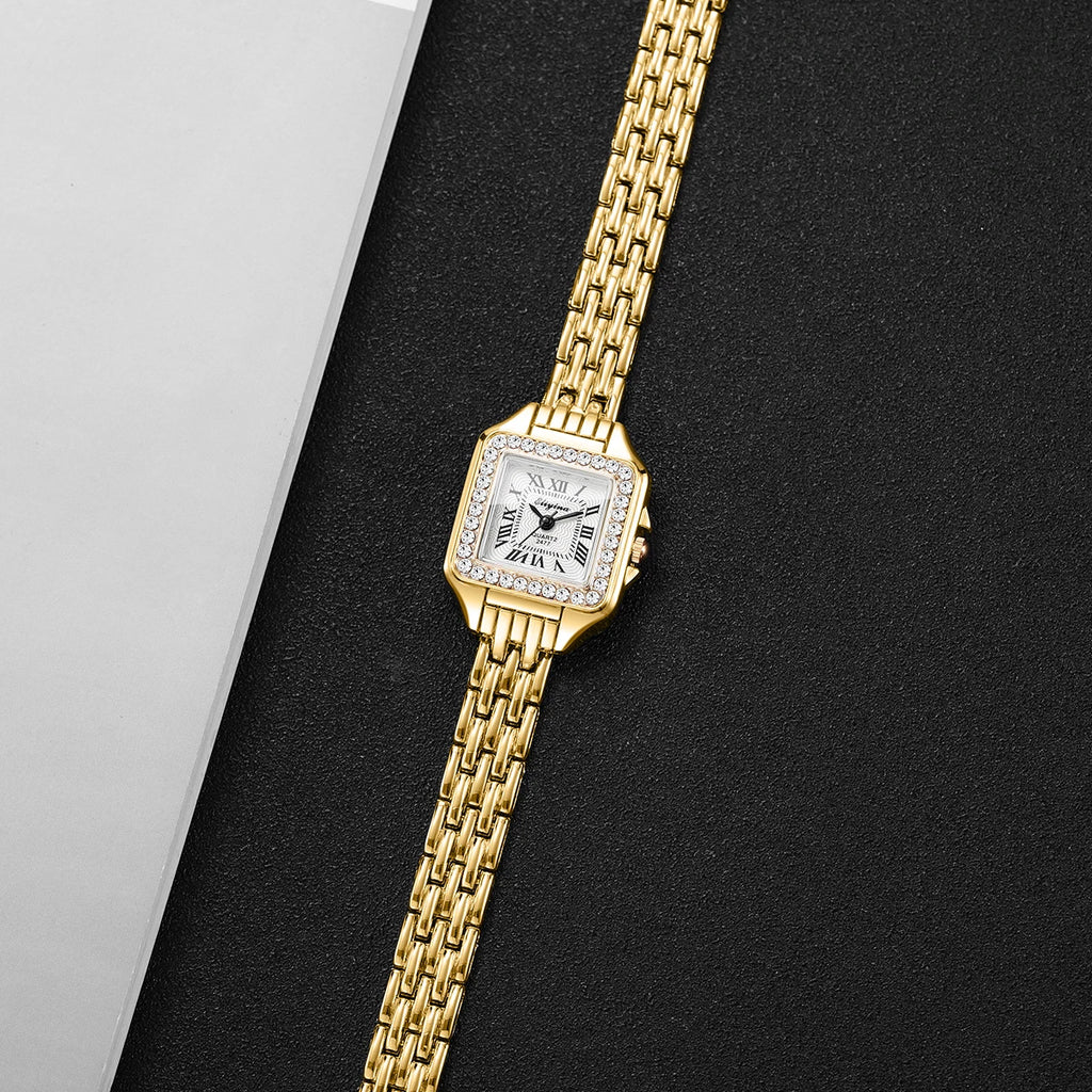 Women's Elegant Rhinestone Square Quartz Watch | Roma Dial Fashion Ladies Wristwatch