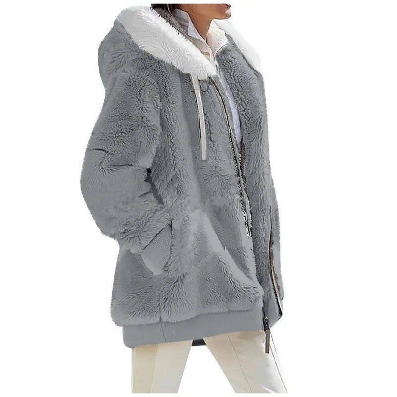 Women's Hooded Zip-Up Fleece Jacket – Loose Casual Solid Color Coat