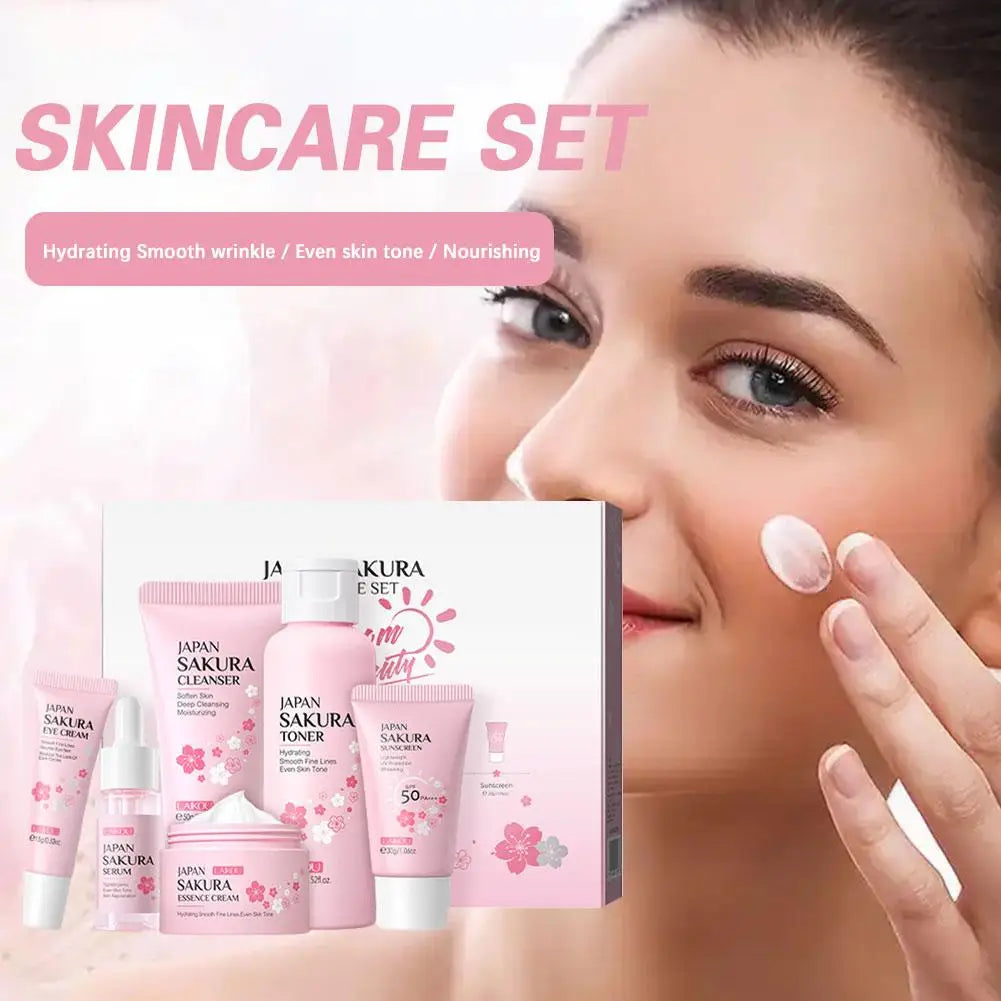 LAIKOU Sakura 6-Piece Skincare Gift Set – Full Routine with Cleanser, Toner, Serum, Eye Cream, Cream & Sunscreen