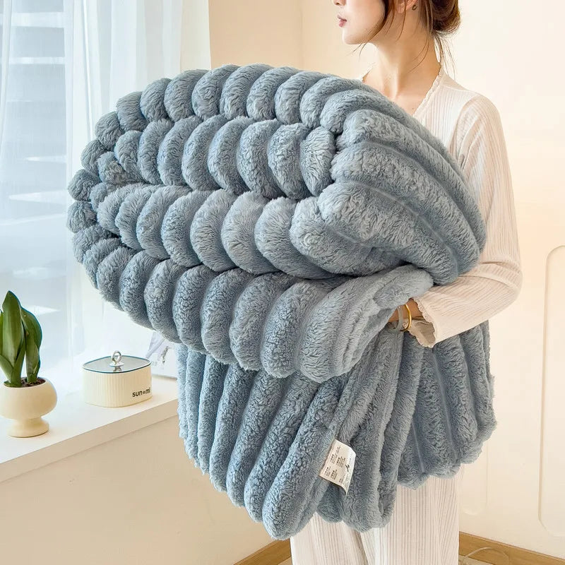 Striped Plush Blanket – Soft Faux Rabbit Fur Throw