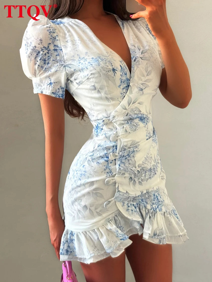 Women's Slim Print V-Neck Ruffle Mini Dress – Elegant Short Sleeve Streetwear Dress 2026