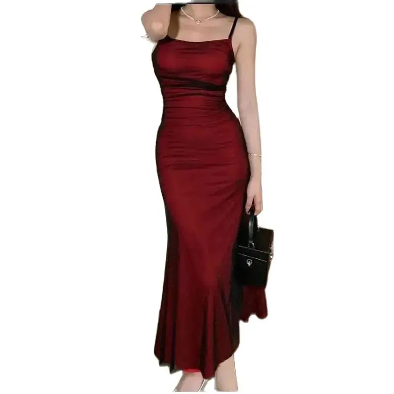 French Corset Maxi Dress — Wine Red Spaghetti Strap Ruched Elegant Evening Dress