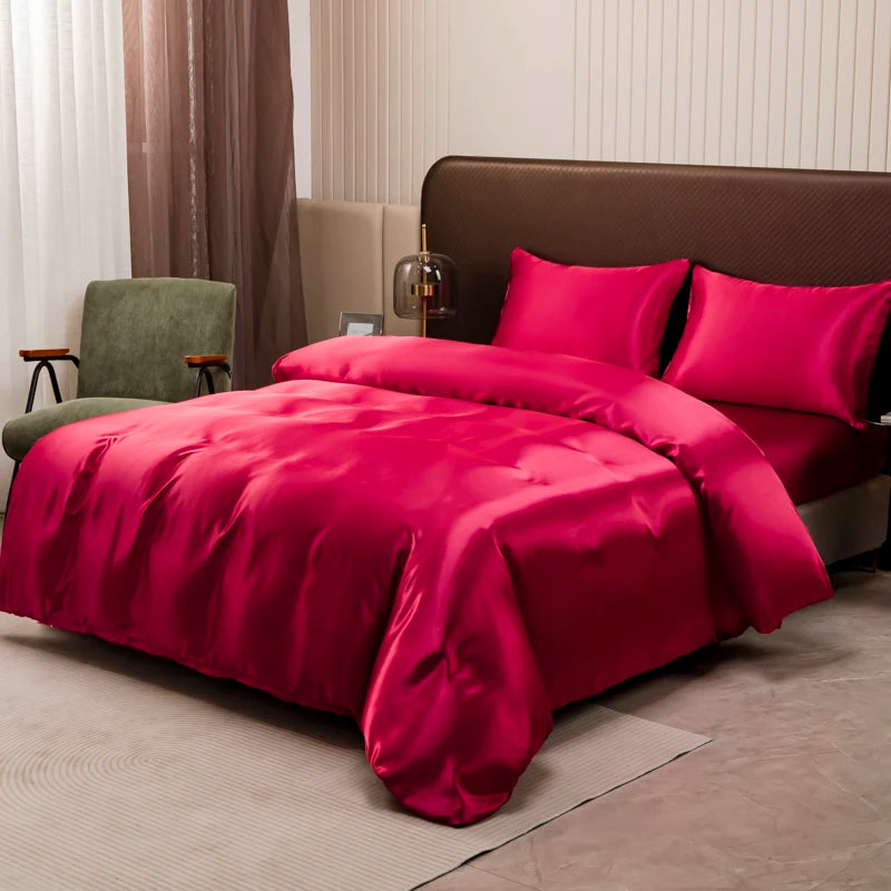 Luxury Ice Silk Satin Bedding Set – Solid Color Duvet Cover with Pillowcases, Queen & King