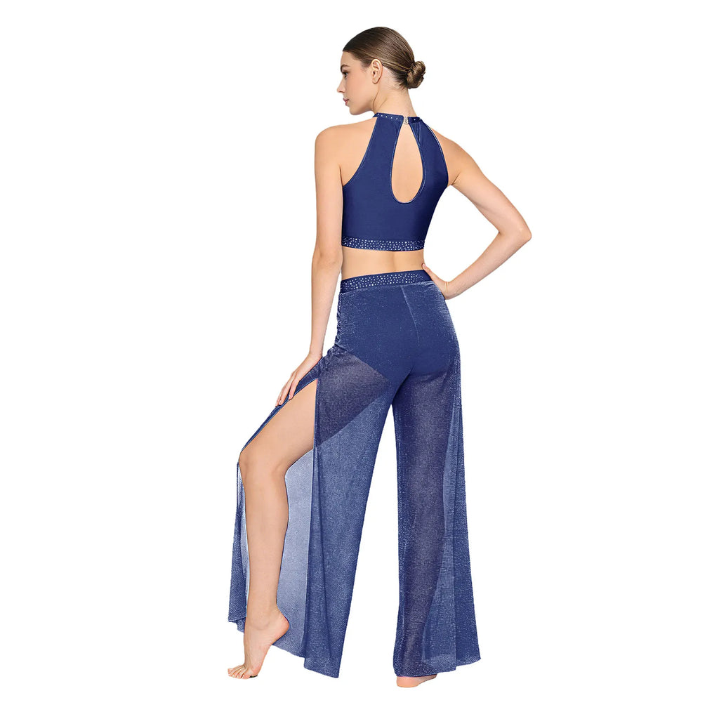 Women's Dance Performance Costume – Shiny Crop Top & Sheer Pants for Skating, Gymnastics & Ballet