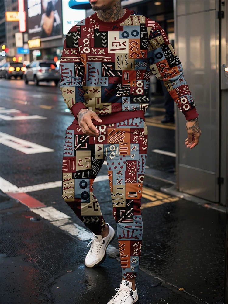 Men's Retro Quilted Print Long Sleeve T-Shirt & Pants Set – Casual Street Sport 2-Piece