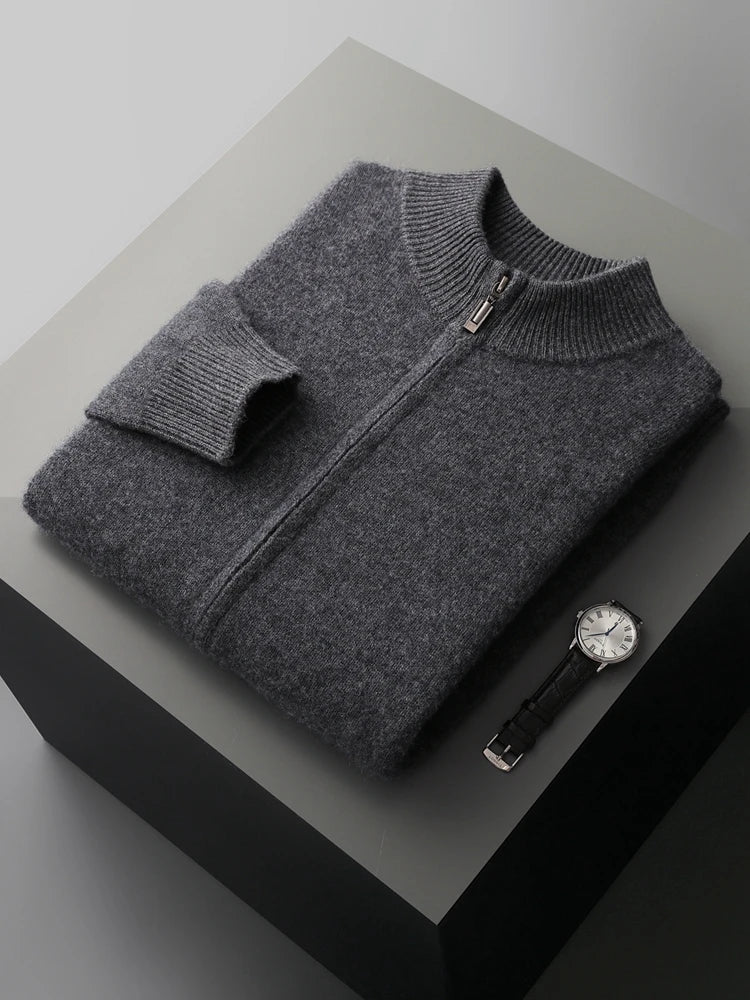 Men's 100% Merino Wool Zip Cardigan & Slim-Fit Pants Set – Warm 2-Piece Winter Suit