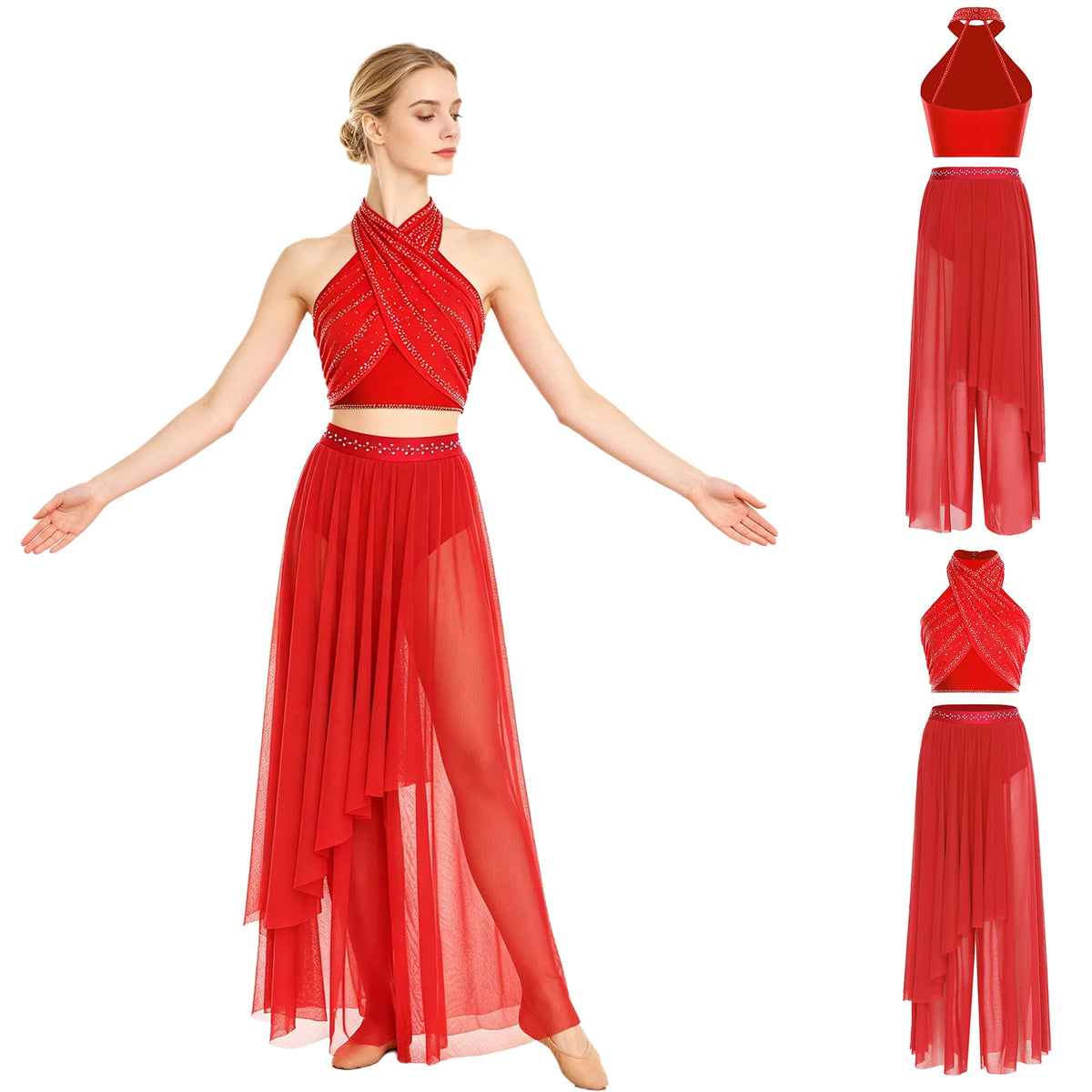 Women's Dance Performance Costume – Shiny Crop Top & Sheer Pants for Skating, Gymnastics & Ballet