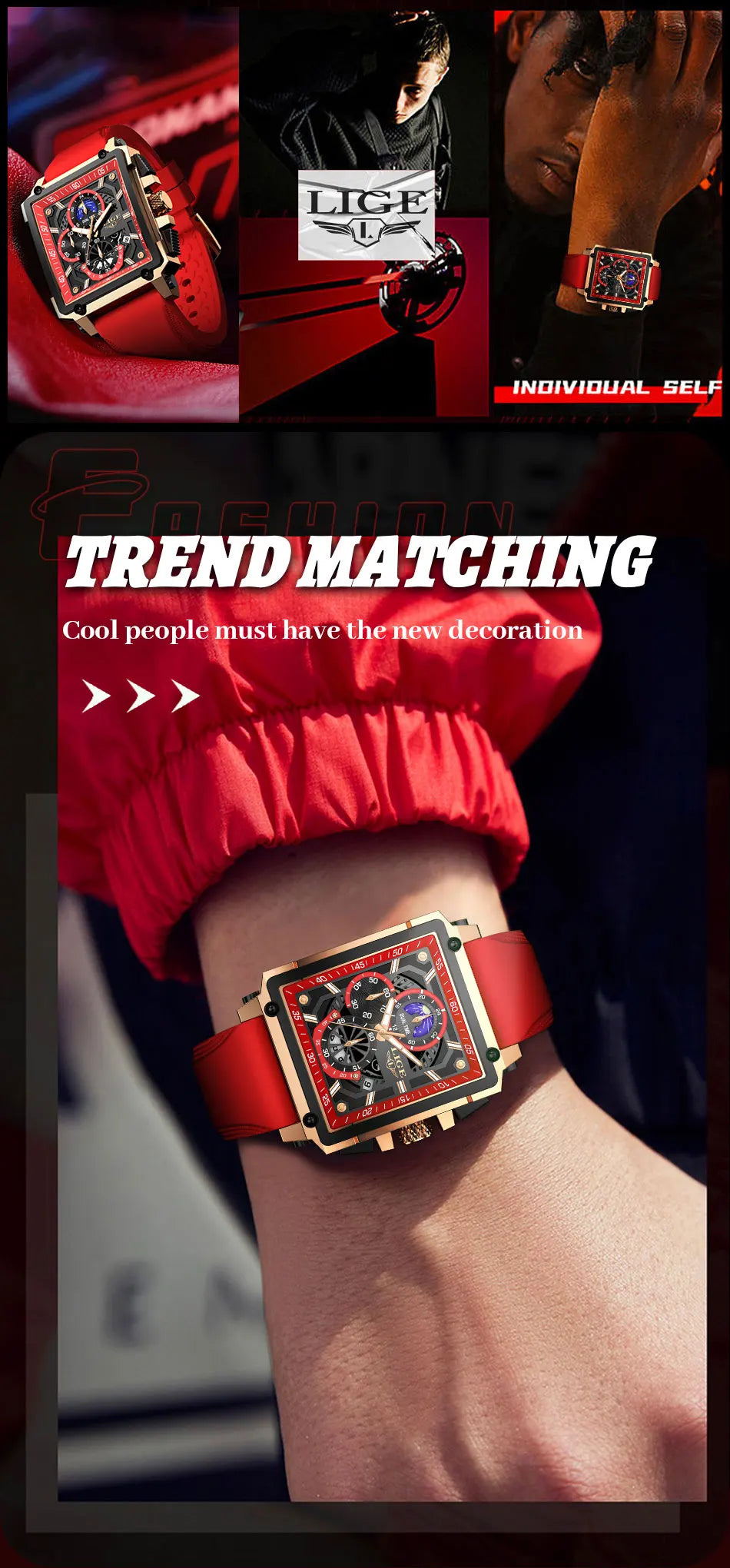 LIGE Men's Hollow Square Sport Watch | Fashion Silicone Strap Waterproof Quartz Wristwatch with Box