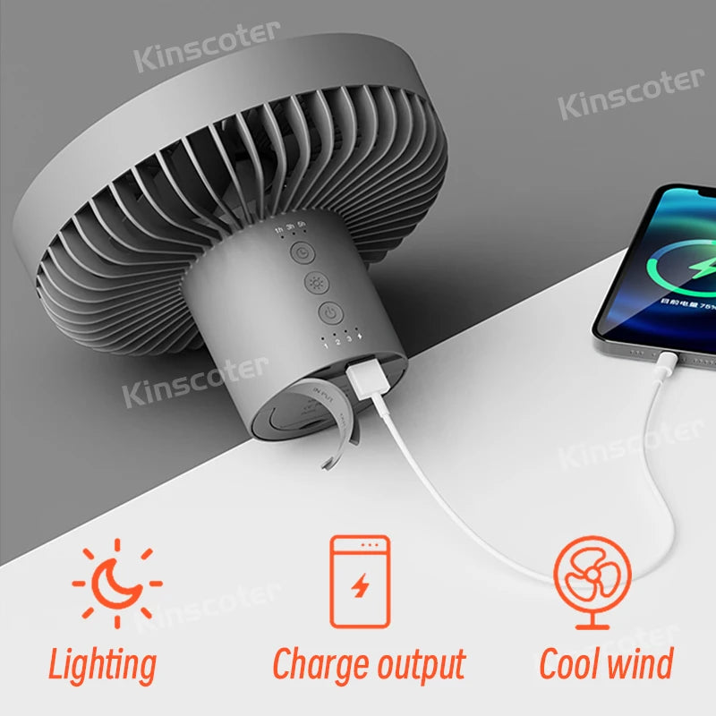 10000mAh Camping Fan – Rechargeable Portable Wireless Ceiling Fan with Power Bank & LED Lighting Tripod