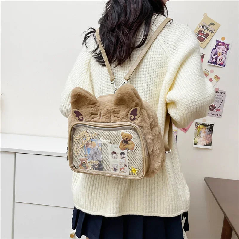 Furry Plush Kawaii Cat Ita Backpack – Cute Student Crossbody Bag for Women